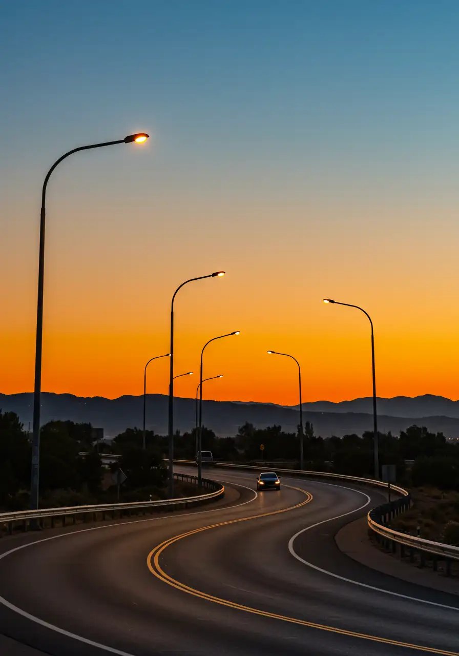 Winding Road With Illuminated Streetlights And Vibrant Sunset Sky