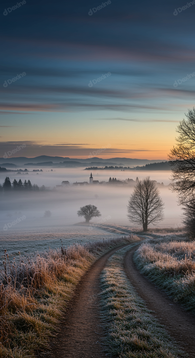 Winter Morning Foggy Village Landscape With Frosty Country Road