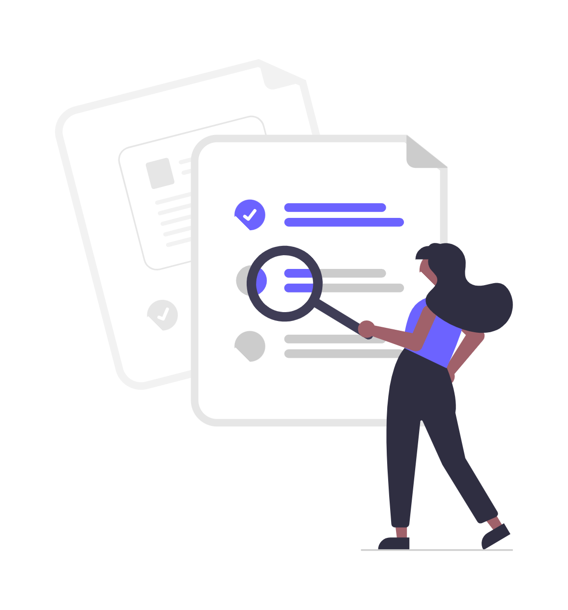 Woman Reviewing Document Checklist With Magnifying Glass Flat Illustration