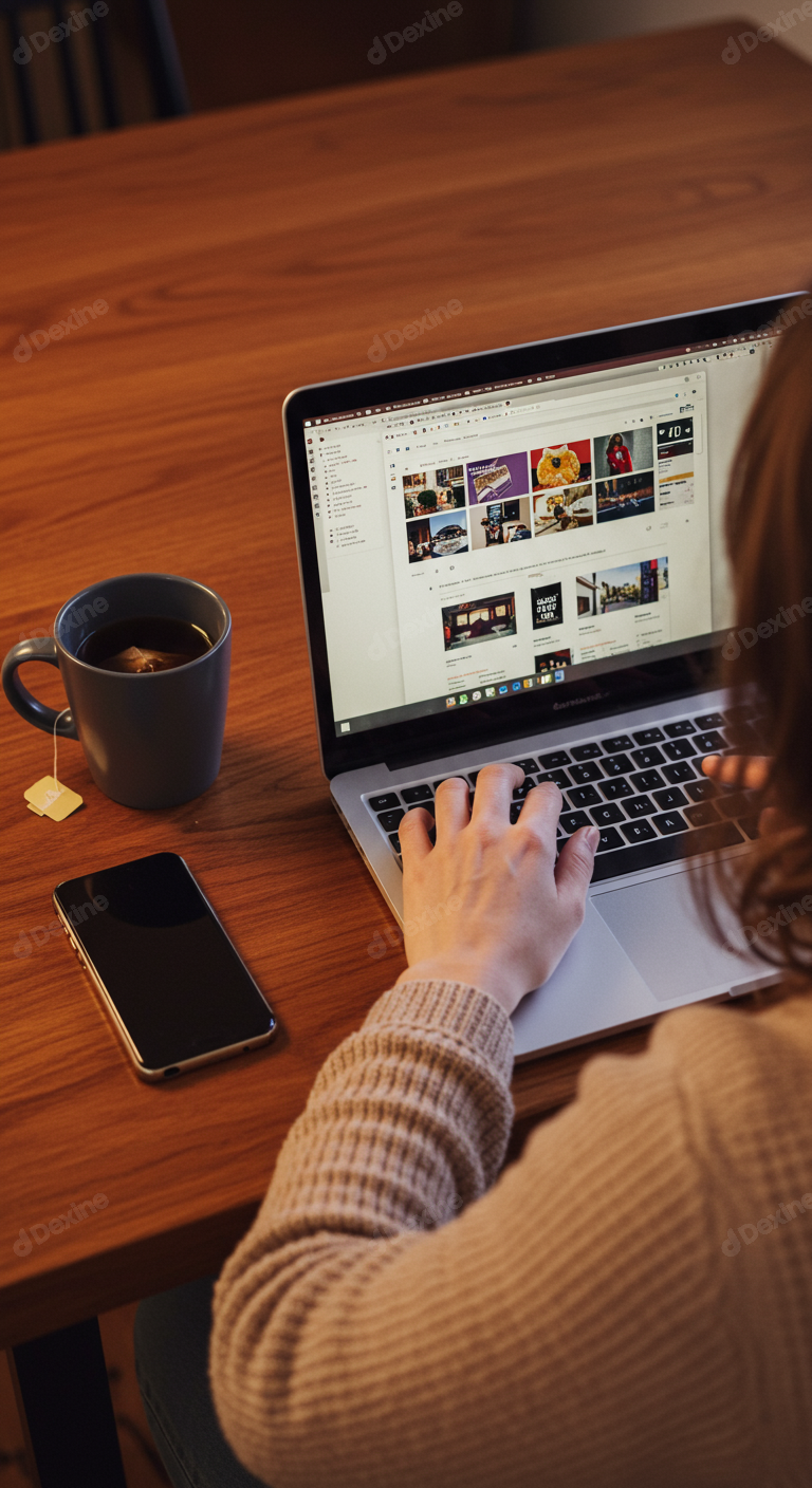 Woman Working On Laptop At Wooden Desk With Tea And Smartphone