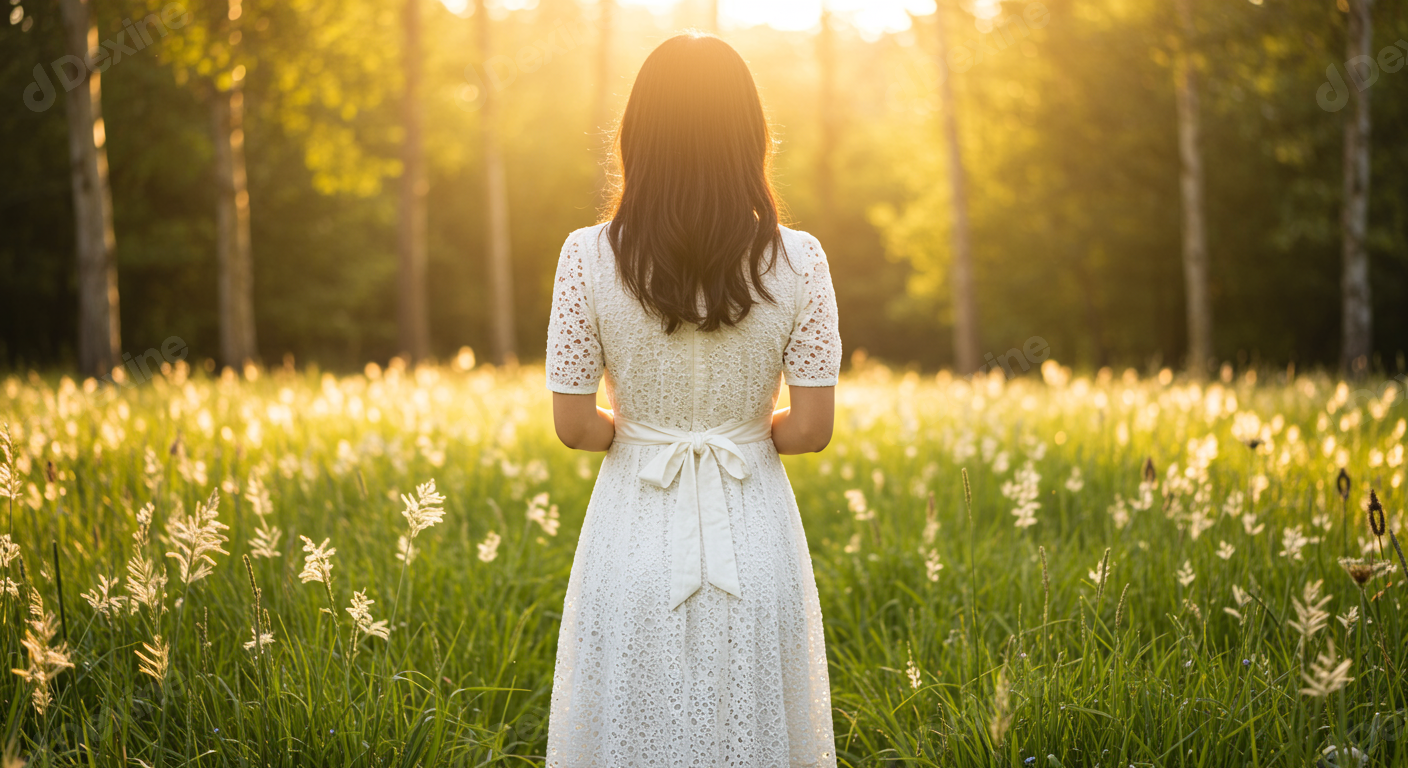 Woman In White Dress Standing In Golden Sunlight Meadow
