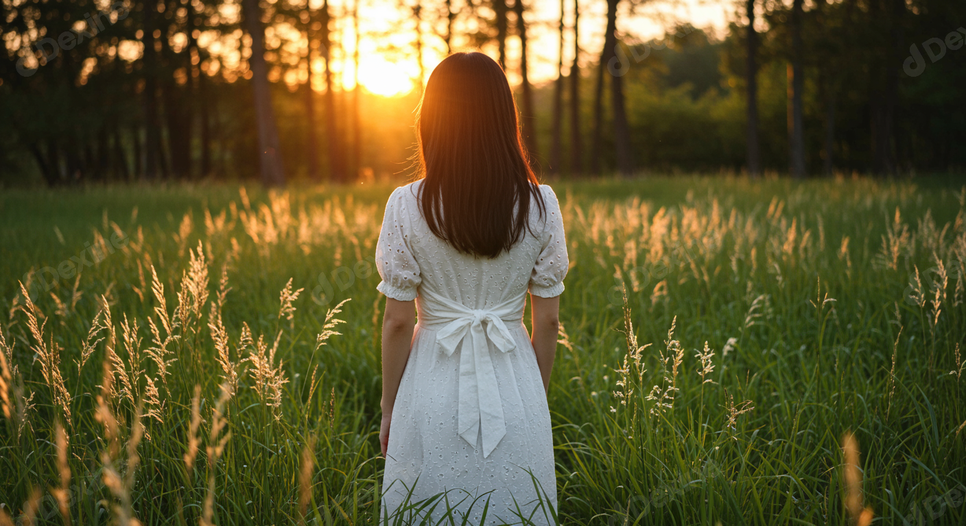 Woman In White Dress Standing In Serene Golden Meadow At Sunset