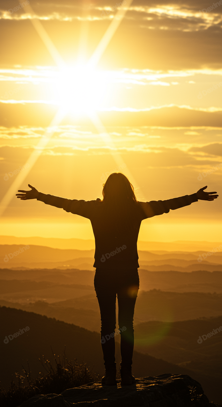 Woman With Arms Outstretched Enjoying Majestic Golden Hour Mountain Sunset