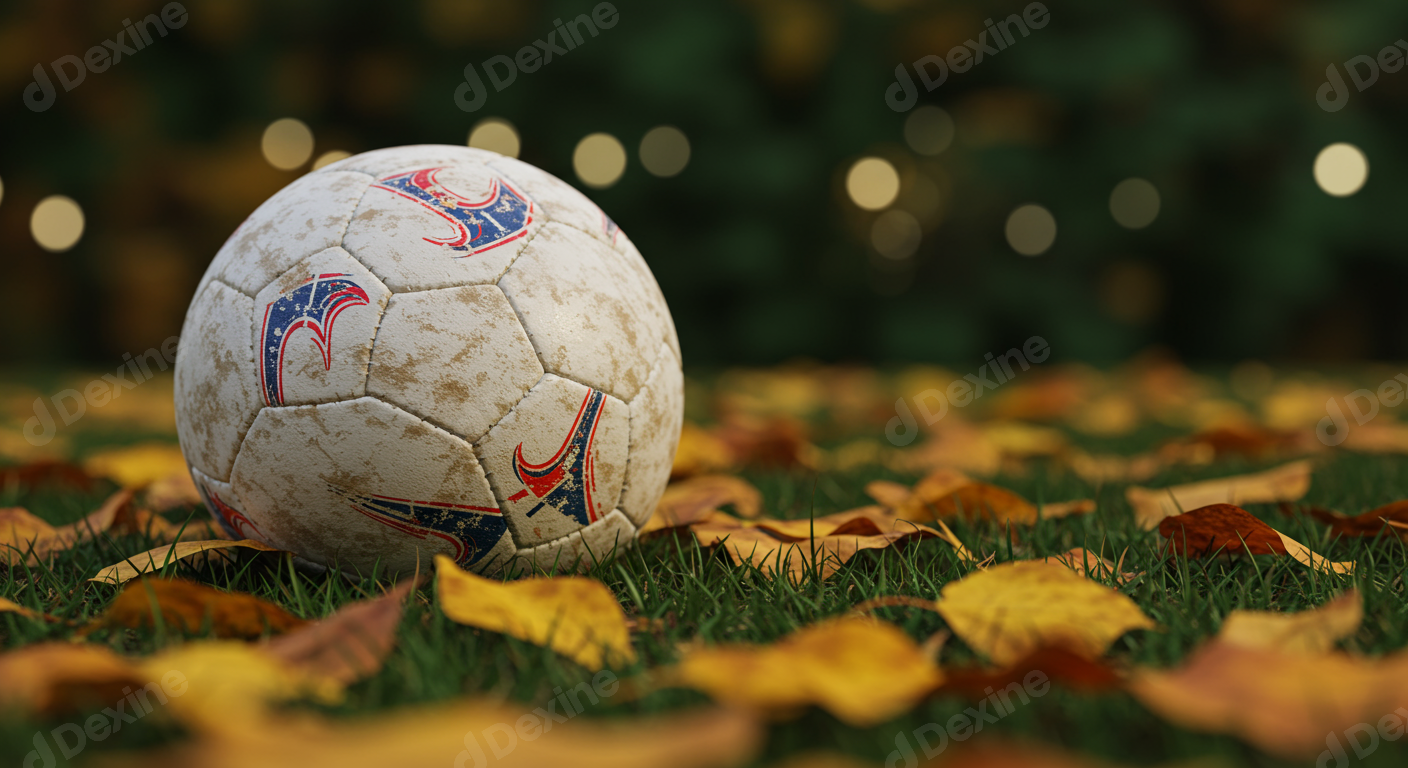 Worn Soccer Ball On Autumn Grass And Fallen Leaves