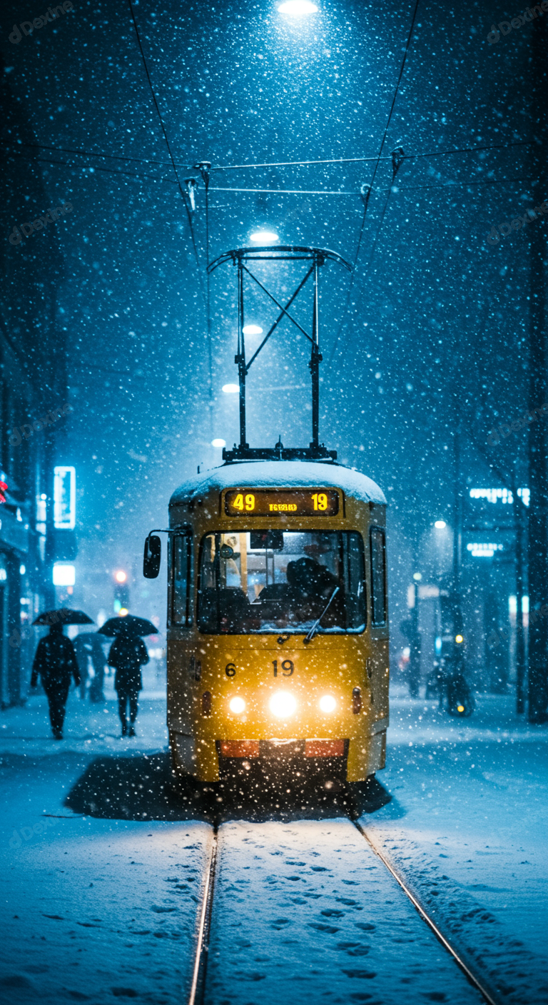 Yellow Tram Navigates Snowy City Street At Night