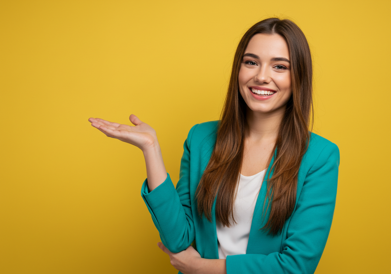 Young Happy Woman In Teal Blazer Presenting With Open Palm
