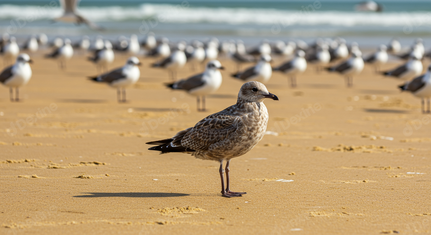 Young Seagull On Sandy Beach With Flock And Ocean In Background