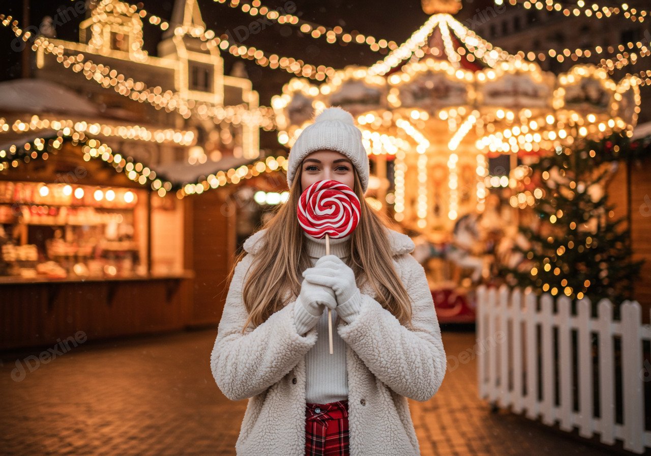 Young Woman Capturing Festive Season Vibe At Christmas Market With Lollipop