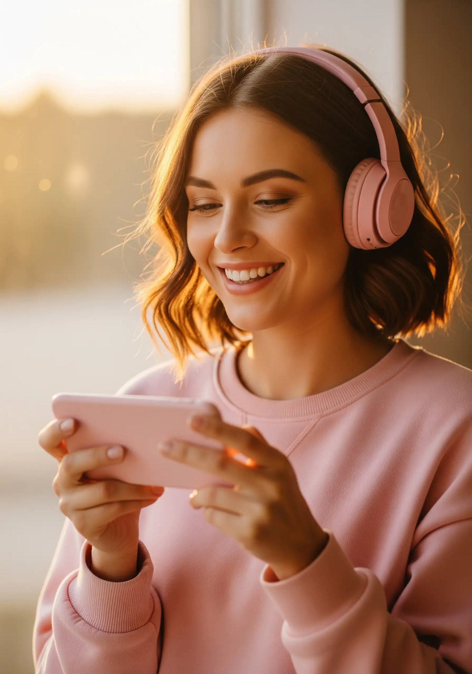 Young Woman Enjoying Music And Content On Smartphone At Golden Hour