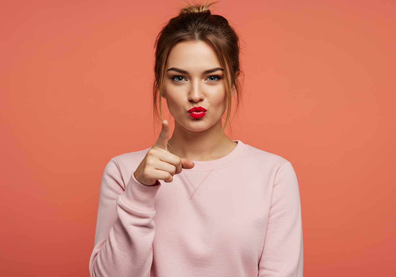 Young Woman Pointing Finger At Camera With Pouty Lips