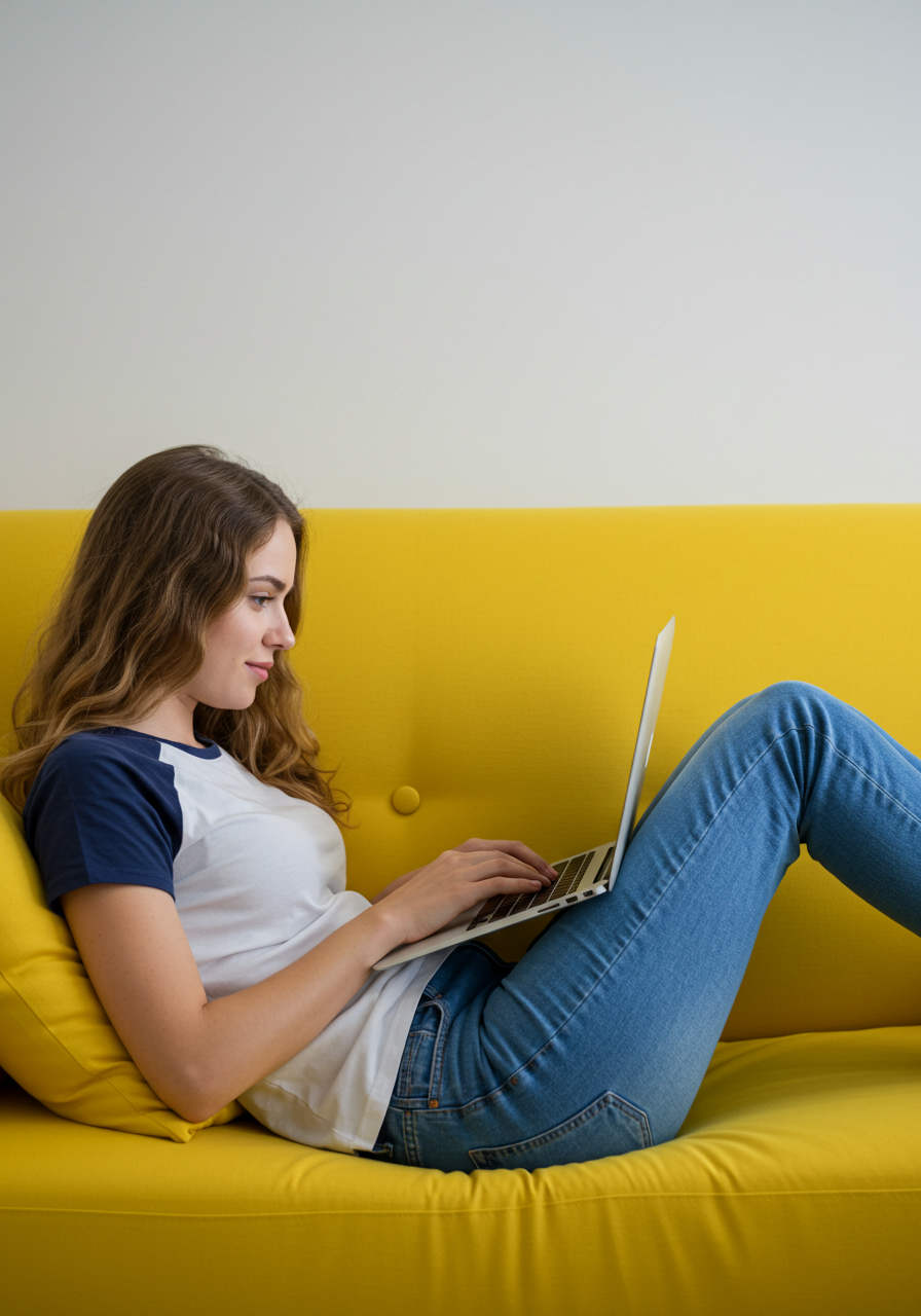 Young Woman Relaxing On Sofa Using Laptop Comfortably At Home