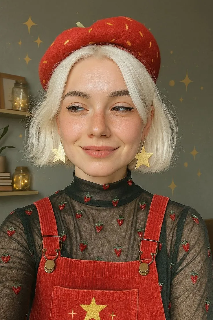 a woman with white hair wearing red overalls and a star on the back of her head