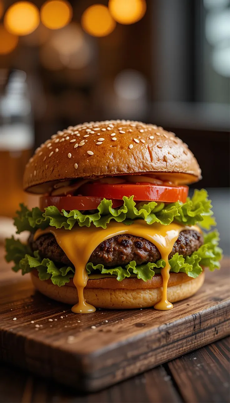 Delicious juicy cheeseburger with fresh lettuce, tomato, and melted cheese – for food photography