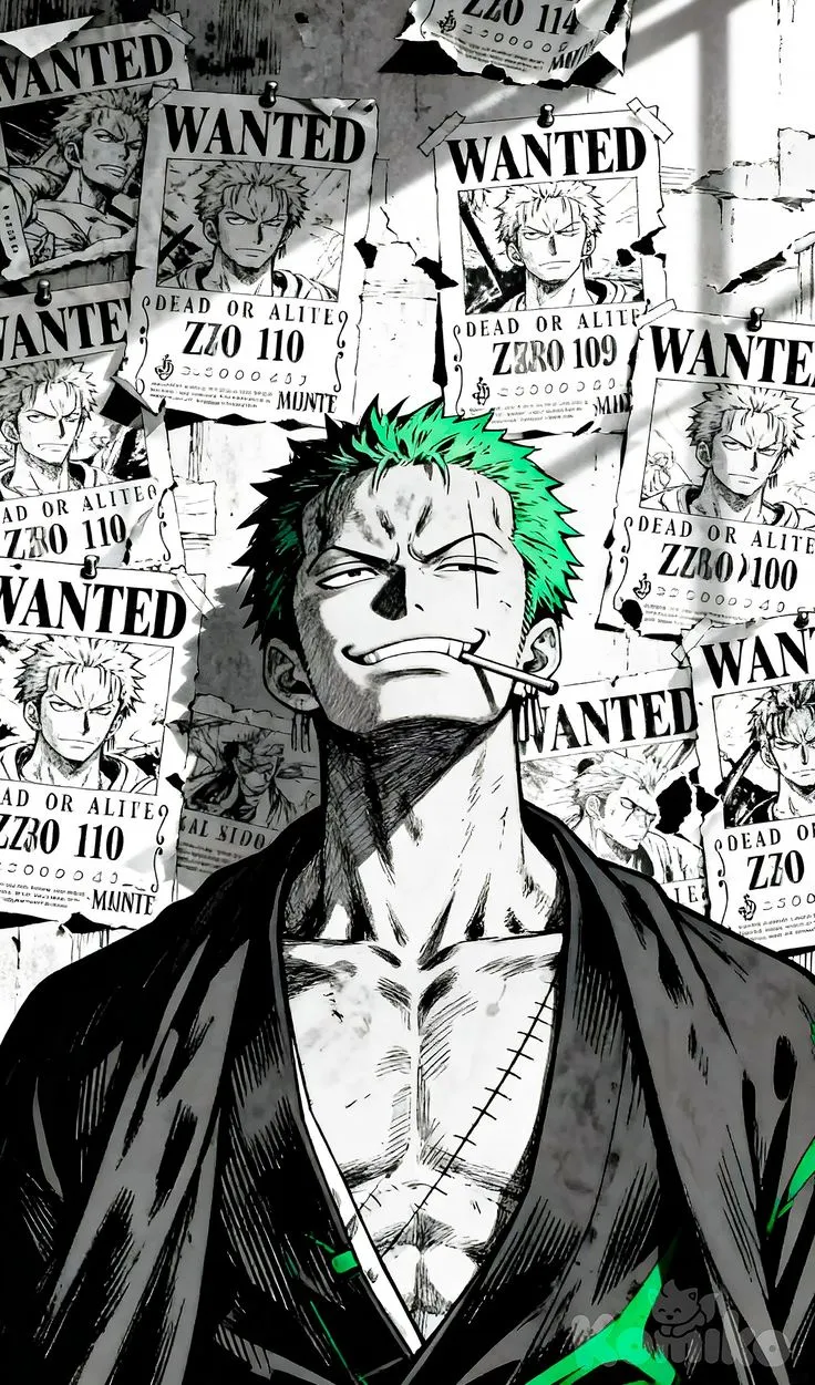 an anime character with green hair standing in front of posters