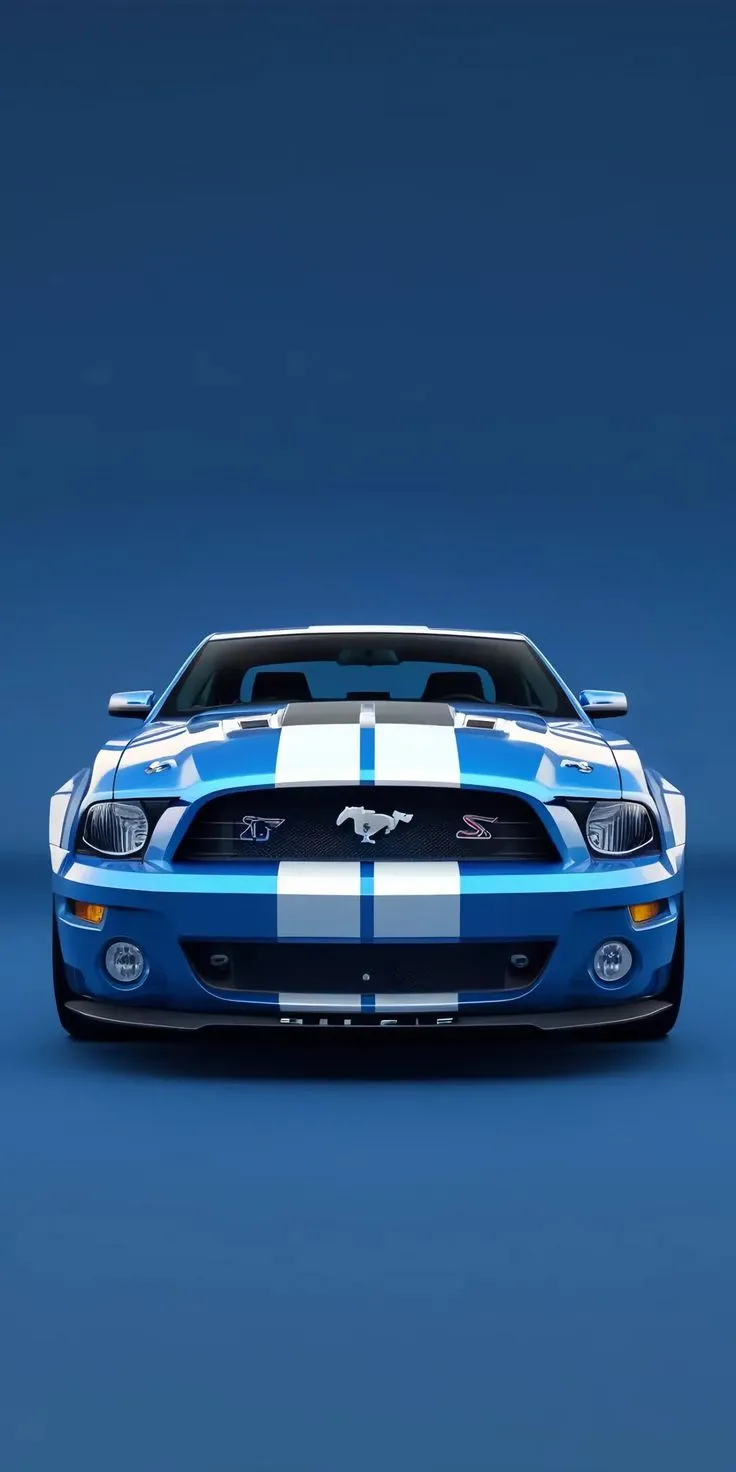 the front end of a blue and white mustang with stripes on it's hood