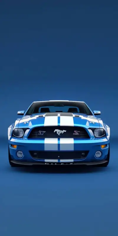 the front end of a blue and white mustang with stripes on it's hood