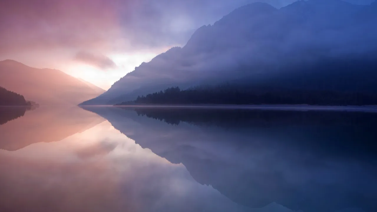 OS X Lion, Tranquil, Lake, Mountains, Reflection, Mist, Landscape, Mac OS X, Stock, 5K
