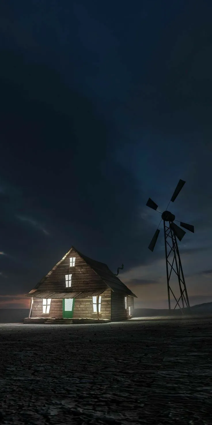 an old wooden house with windmills in the foreground and dark clouds above it