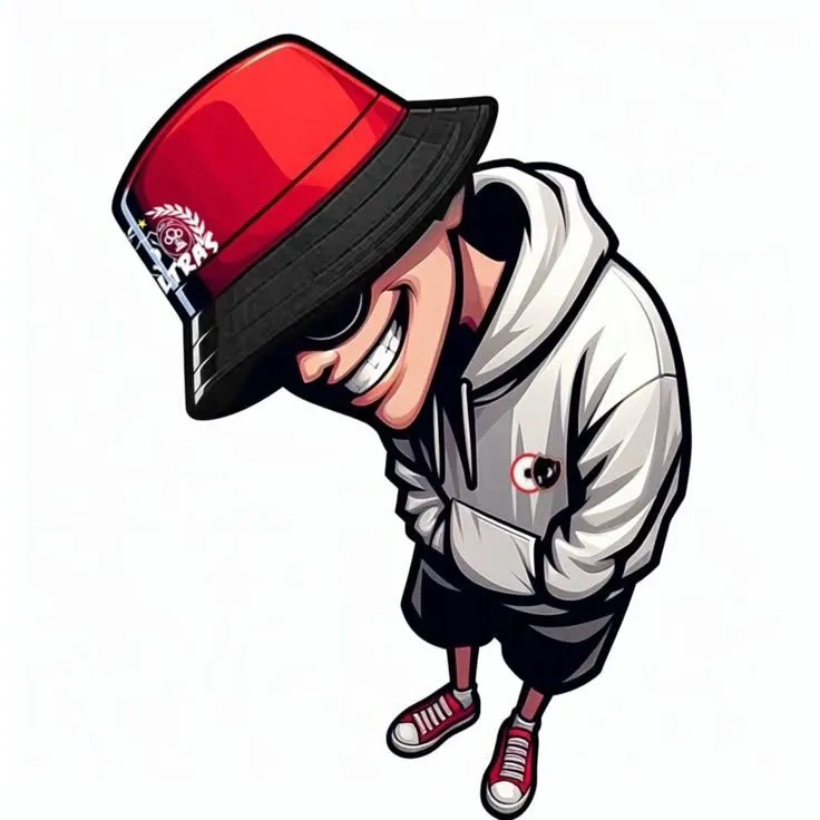 a cartoon character wearing a red hat and white jacket with his hands behind his head