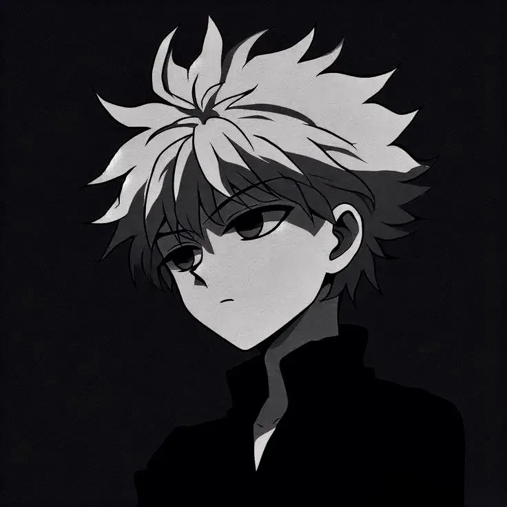 an anime character with white hair and black eyes, wearing a black shirt in front of a dark background