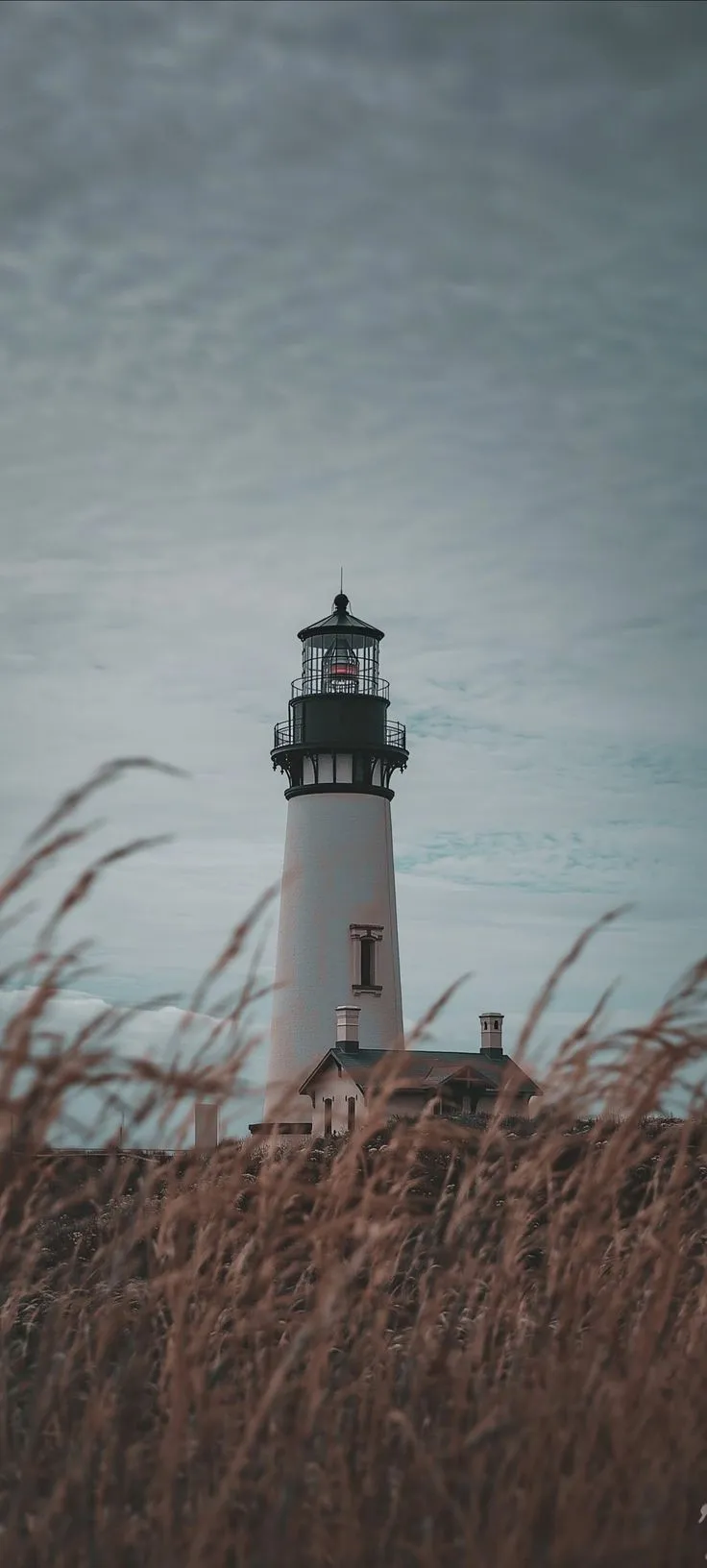 a light house sitting on top of a hill next to tall brown grass and clouds