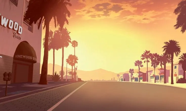 a street with palm trees and buildings in the background at sunset or sunrise, there is no image here to provide a caption for