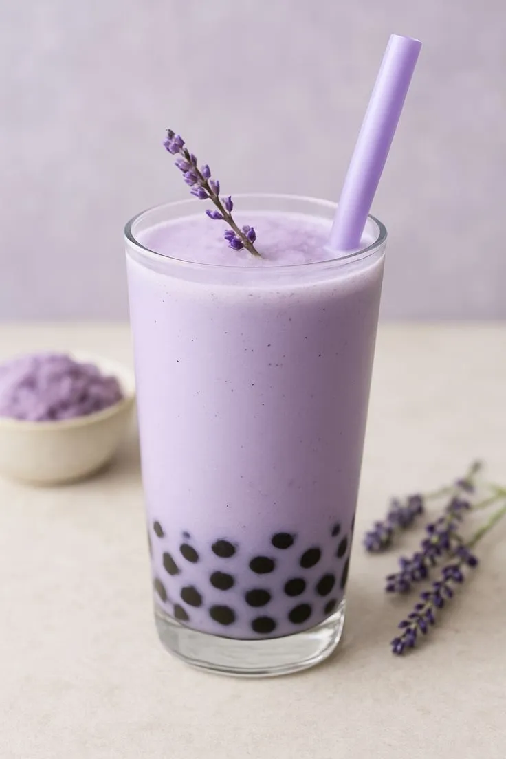 a purple drink with lavender sprinkles and a straw