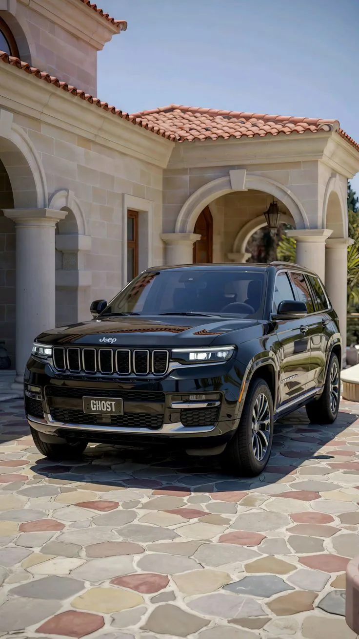 a black jeep is parked in front of a house with stone driveway and brick walkway