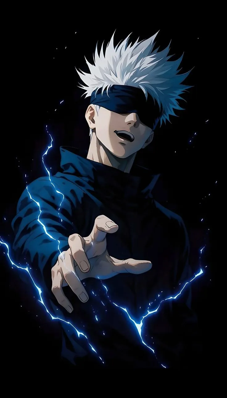 an anime character with white hair and blue eyes pointing to the side while lightning strikes behind him