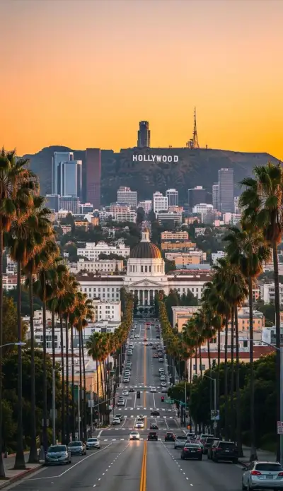 the hollywood sign is in the distance as cars drive down an empty street with palm trees on both sides