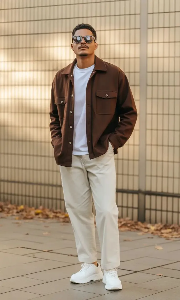 “Men’s Street Style 👕 | Dark Shacket & Beige Chinos Outfit ✨”