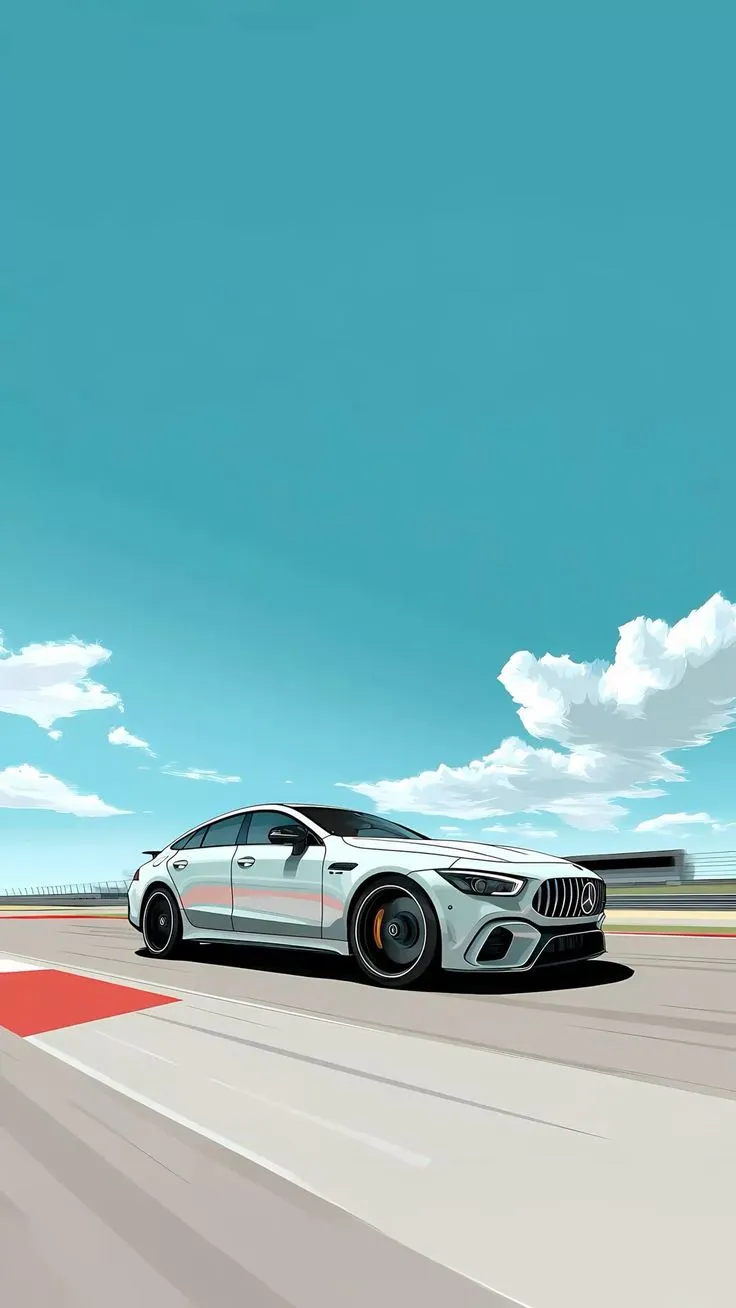 a white sports car driving on a race track under a blue sky with puffy clouds