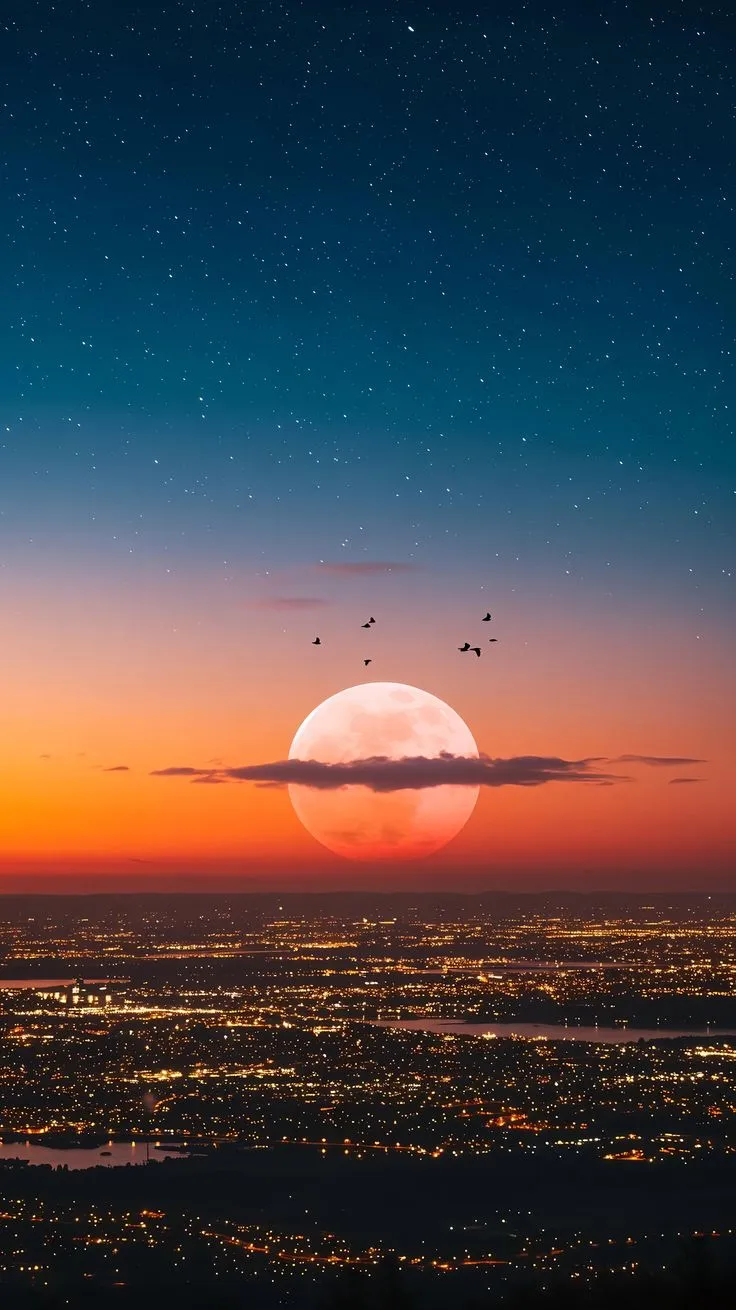 the sun is setting over a city and birds are flying in the sky above it