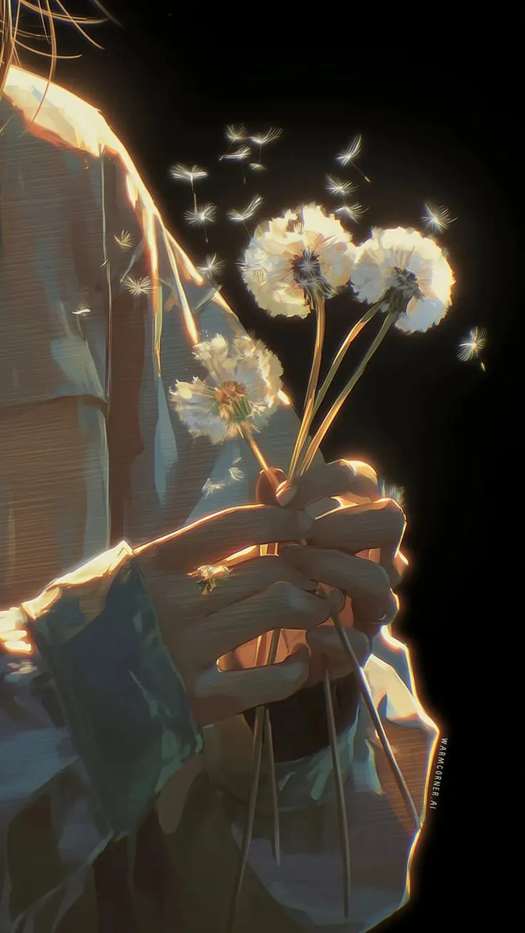 a person holding a bunch of flowers in their hands with birds flying around them on a black background