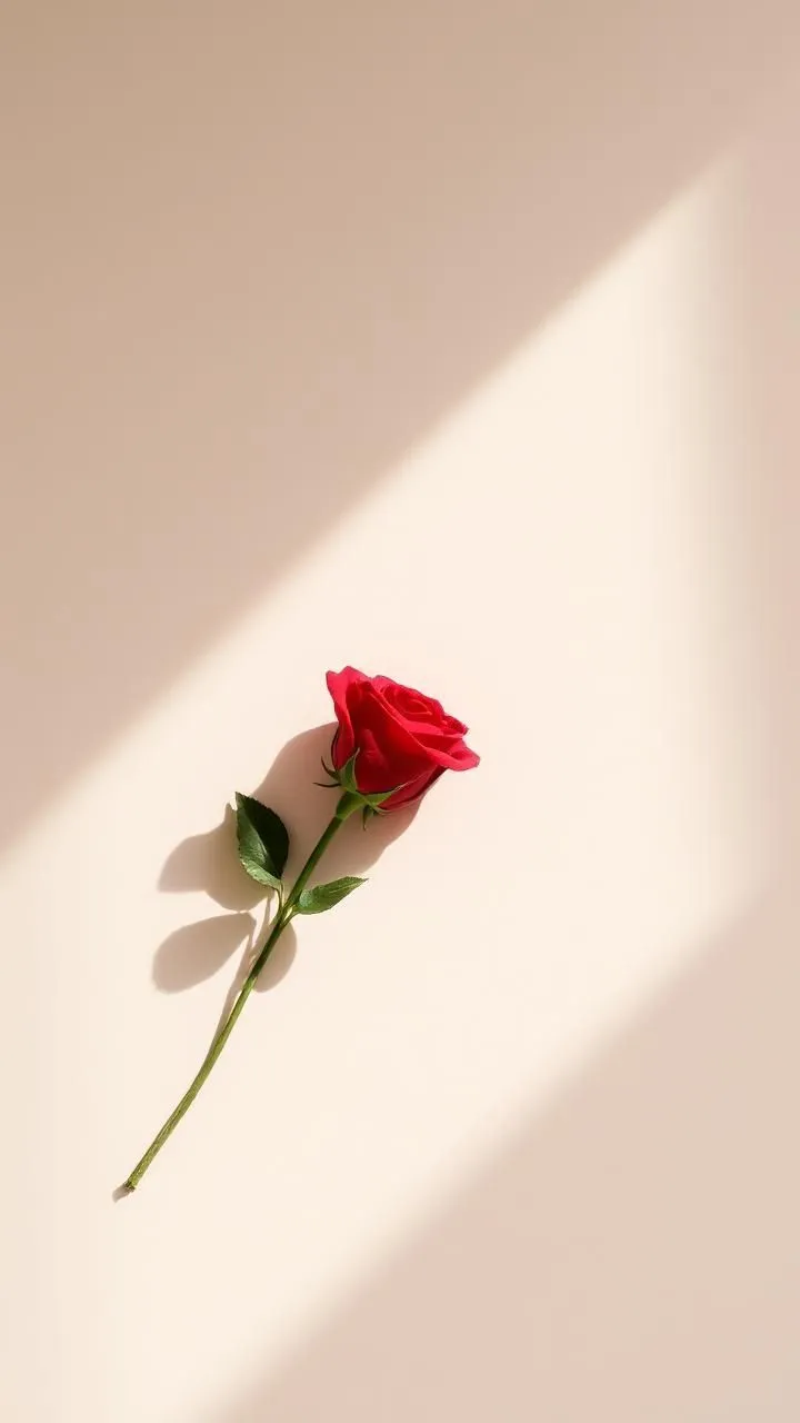a single red rose sitting on top of a white table next to a shadow cast wall