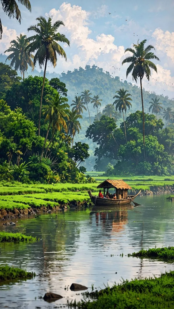 Kerala: where backwaters flow, fields glow, and nature thrives in its purest form. Truly, God’s Own Country 🌴🌾✨....Follow at @anim_eaestheticsss,@anieo.art @pixelaura_ai_art for more ❤️❤️Collab with @pixelaura_ai_art and @anieo.art ❤️❤️#landscapephotograp