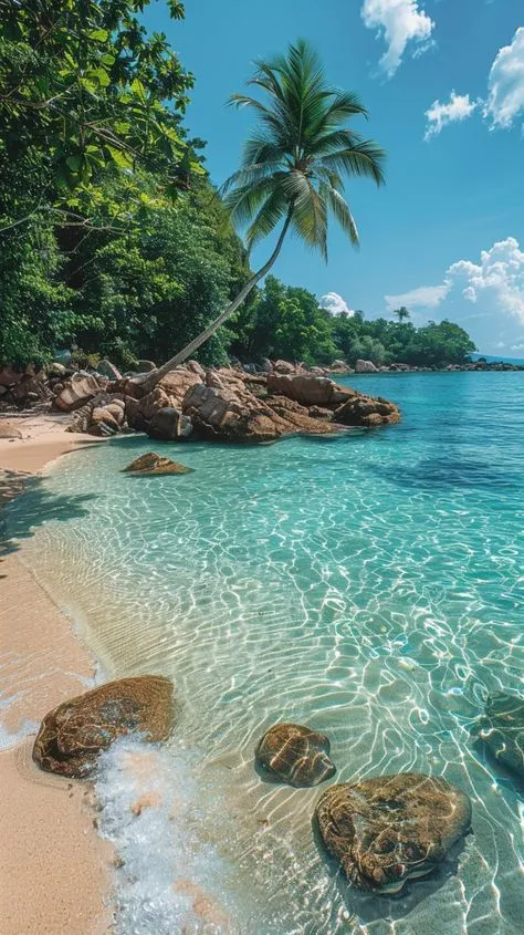a tropical beach with clear blue water and rocks in the foreground, surrounded by palm trees