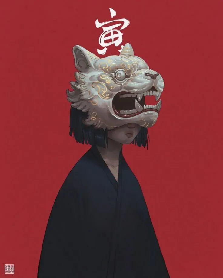 an illustration of a woman with a dragon head on her head and chinese characters above her head