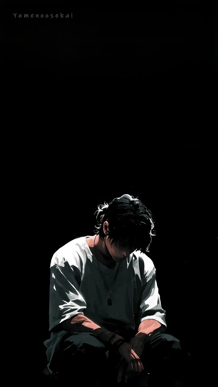 a man sitting on the ground with his hands folded in front of him, against a black background