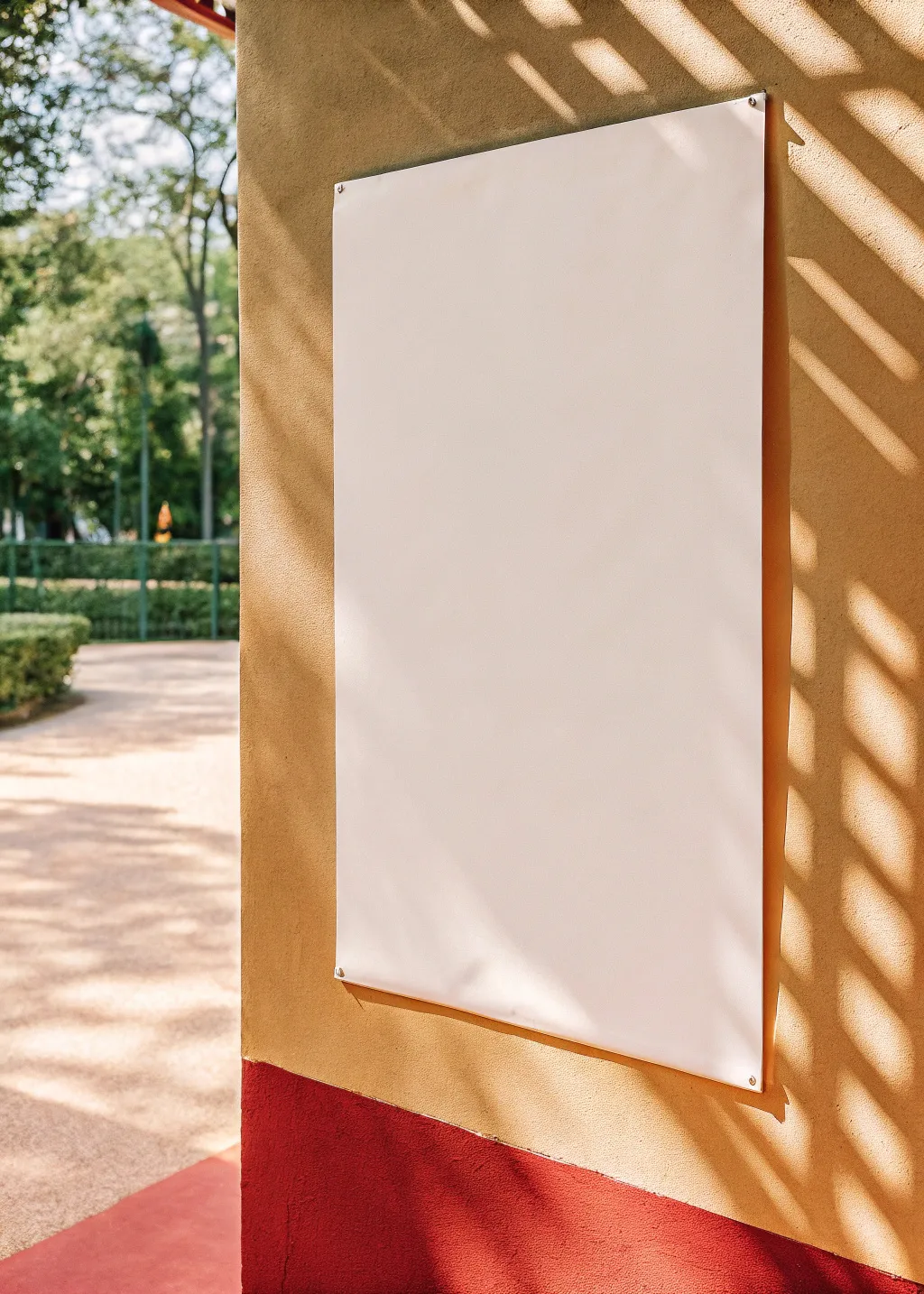 white paper vertical poster on the wall in park mockup,...