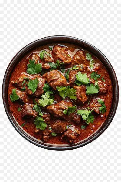 A clean plate of spicy mutton curry garnished with fresh coriander leaves served in a ceramic bowl w