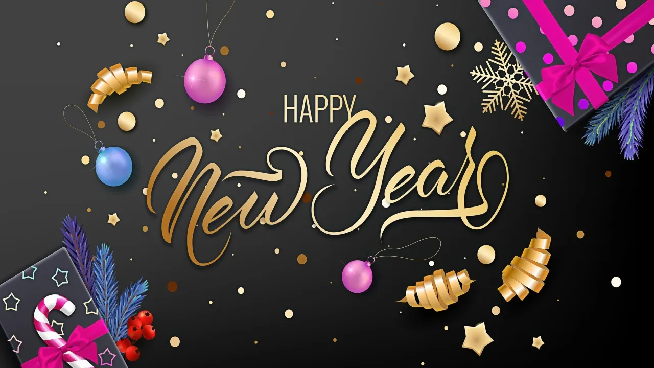 Happy New Year, Confetti, Black and gold, Golden letters, Dark background, 5K