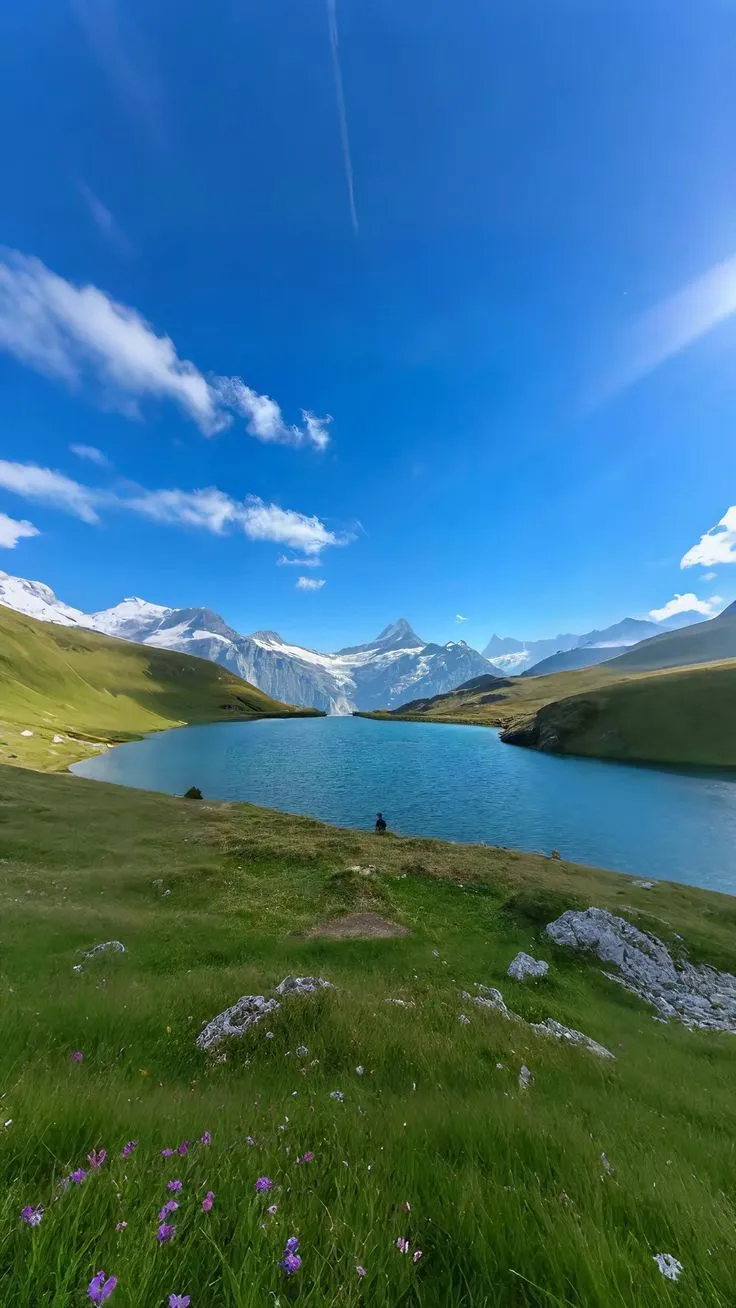 a lake surrounded by green grass and mountains under a blue sky with white puffy clouds