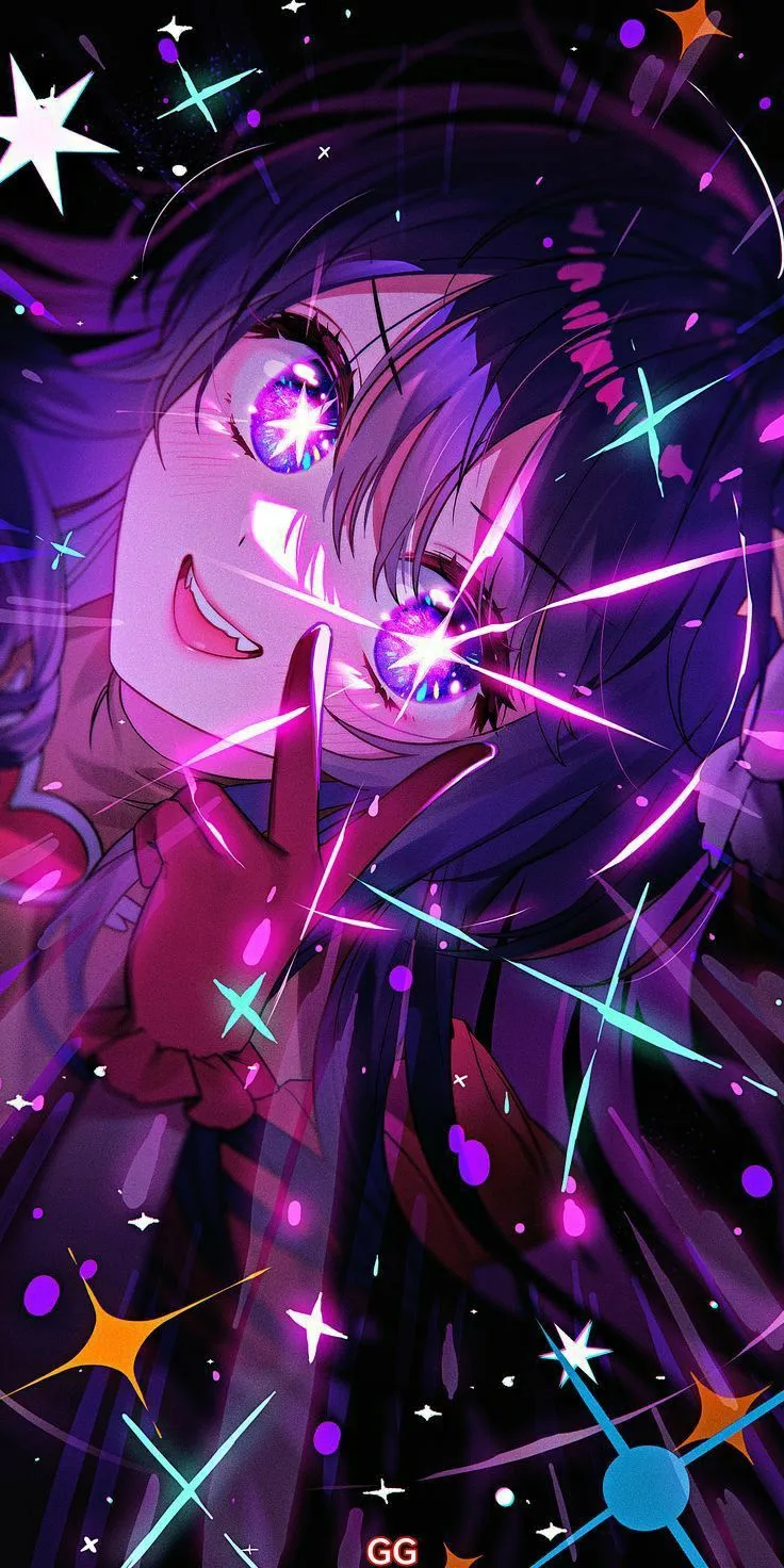 an anime character with stars and sparkles in the air, looking at her cell phone