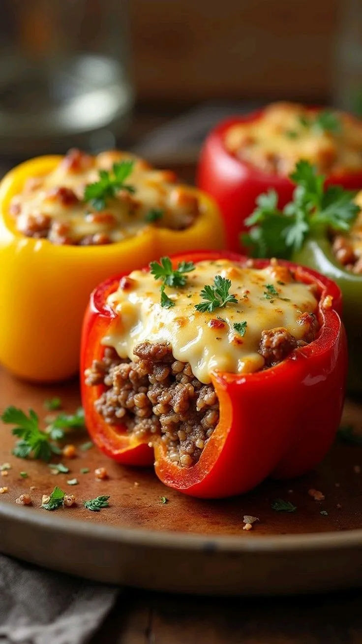 three stuffed peppers on a plate with parsley sprinkled around the top and sides