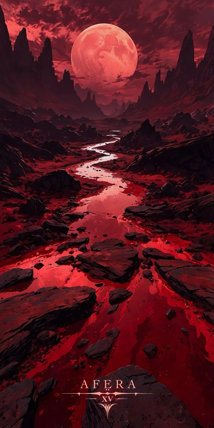an alien landscape with red water and rocks