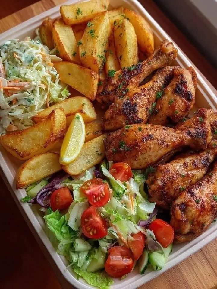chicken, potatoes and salad in a takeout container