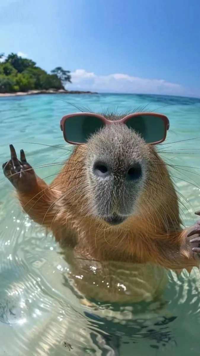 a capybara swimming in the ocean with sunglasses on his head and one hand up