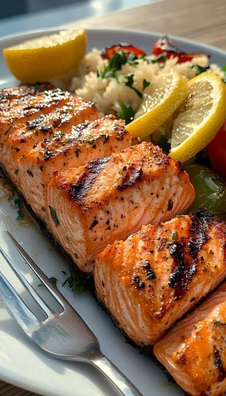 grilled salmon and vegetables on a white plate