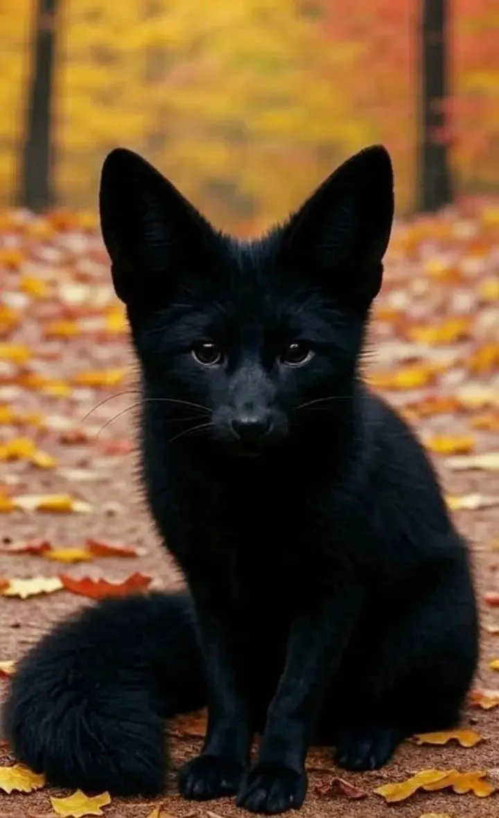 a small black kitten sitting on top of a leaf covered ground in front of trees
